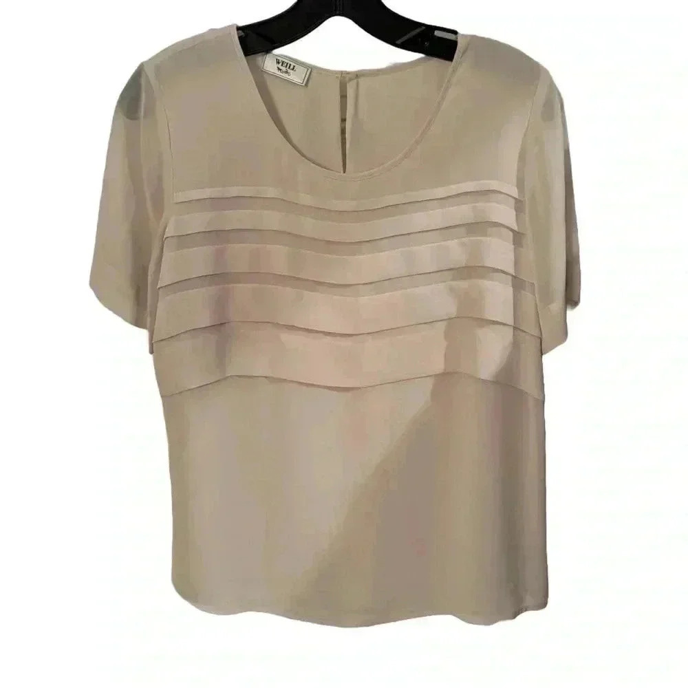 Weill Paris Womenâs Short Sleeve Ivory Blouse With Pleated Details Size 10